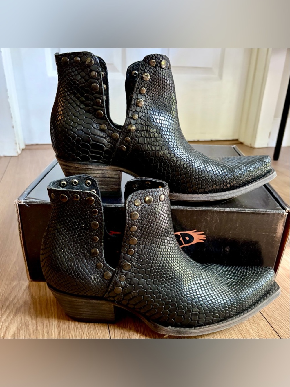 FREEBIRD Mandy Cowboy Ankle Boots, Embossed Black Snake Leather, Studded, 9